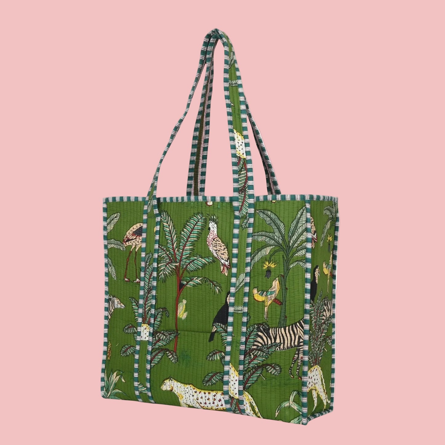 Khaki Green Jungle Print Quilted Cotton Tote Bag