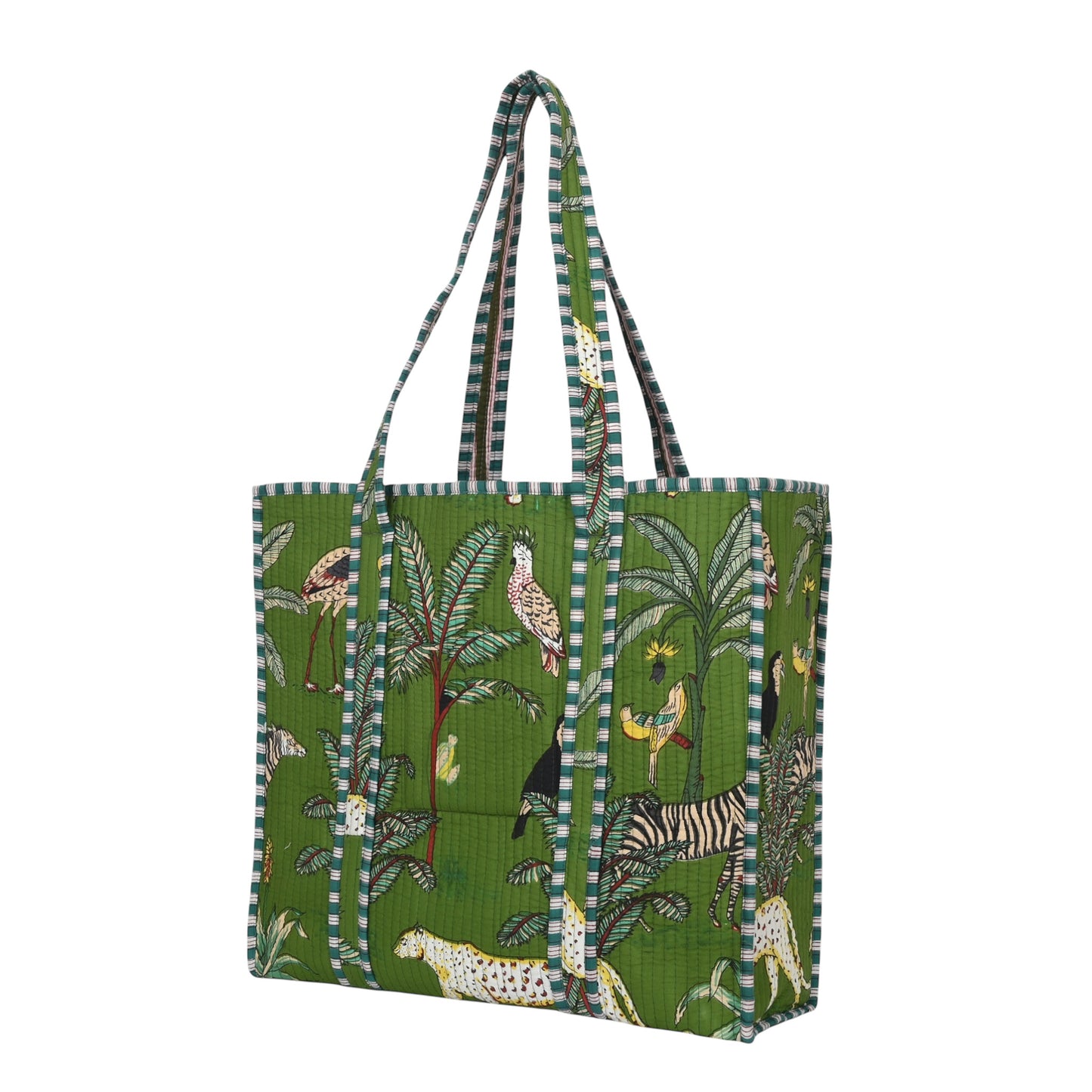 Khaki Green Jungle Print Quilted Cotton Tote Bag