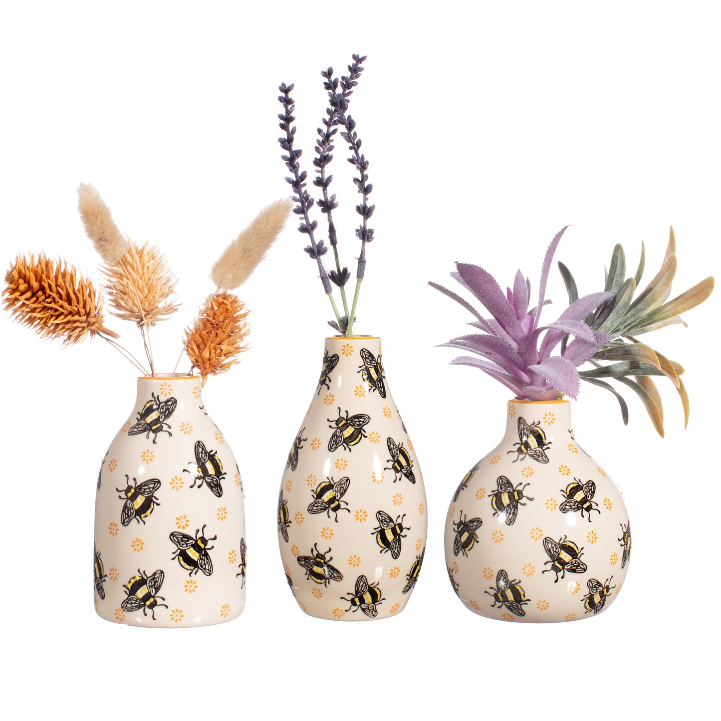 Set of 3 Busy Bee Ceramic Mini Vases